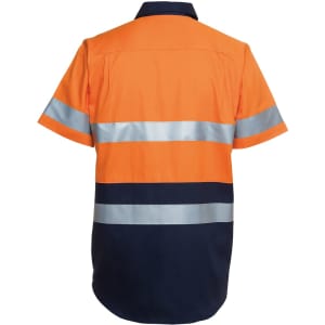 An orange and navy work shirt featuring silver reflective stripes, designed for safety in work environments.