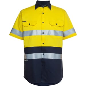 A short-sleeved work shirt in bright yellow and navy, featuring reflective strips and a logo.