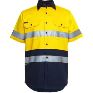 A high-visibility short-sleeve work shirt in yellow and navy blue, featuring reflective stripes and a logo.