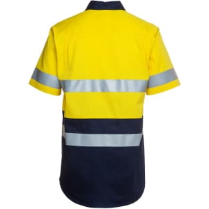 A yellow and navy short-sleeve work shirt featuring reflective stripes and a logo.