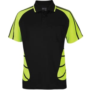 A black and bright green polo shirt featuring a pocket and stylised side designs, complete with a logo.