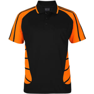 A black polo shirt with orange accents and a chest pocket, featuring a logo on the collar.