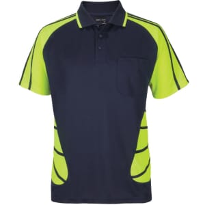 A navy and high visibility green polo shirt with a collar and a front pocket, featuring contrasting design elements.