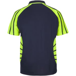 A polo shirt featuring a navy blue and bright lime green design, with a logo and dynamic striped pattern.