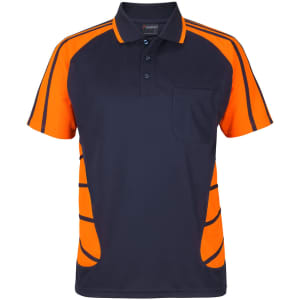 A navy blue and orange polo shirt featuring a pocket and sporty design with branding.