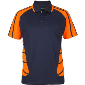 A navy blue polo shirt with orange accents and detailing, featuring a collar and a front pocket. It has a logo.