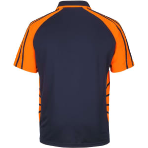 A polo shirt featuring a navy blue base with bright orange accents and a logo on the back.
