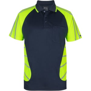 A navy polo shirt with bright yellow reflective stripes and a chest pocket. Features branding on the sleeve.