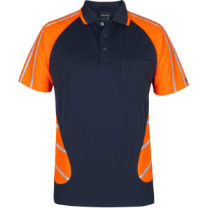 A navy polo shirt with reflective stripes and bright orange accents, featuring a pocket and a logo.
