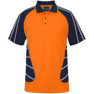 An orange and navy polo shirt featuring reflective stripes and a chest pocket, with a logo.