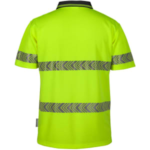 A bright yellow safety polo shirt featuring reflective stripes and a collar, with a logo present.