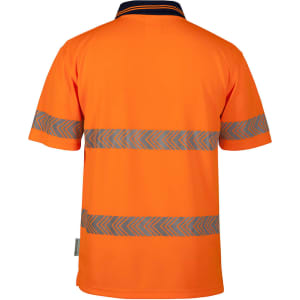 An orange polo shirt with reflective segmented stripes and a collar, featuring a logo on the side.