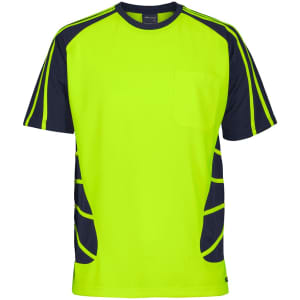 A bright lime green and navy T-shirt with a pocket, featuring contrasting design elements and a logo.