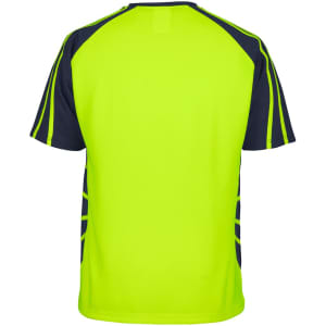 A work t-shirt in bright yellow with navy accents on the sleeves and sides, featuring a logo.