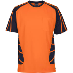 An orange and navy work t-shirt featuring a pocket and contrasting side panels. It has a logo on the front.