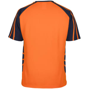 A work t-shirt featuring an orange body with navy blue sleeves and side details. It includes a logo on the back.