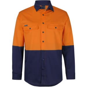 A work shirt featuring long sleeves, with a bright orange upper section and a navy blue lower section. It includes a logo.