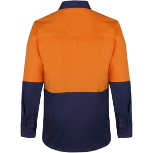 A long-sleeve work shirt in orange and navy blue, featuring a two-tone design and a logo.