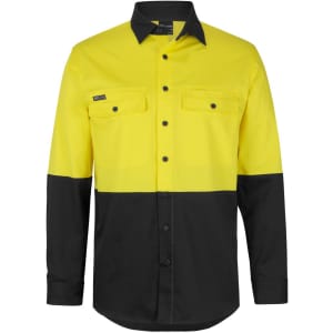 A long-sleeve work shirt in bright yellow and black with two chest pockets and a logo on the front.