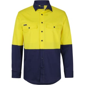 A long-sleeved work shirt in high visibility yellow with navy blue accents and a logo. Features two chest pockets.