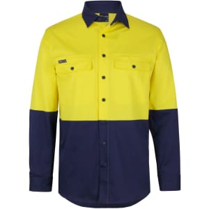 A long-sleeved work shirt in high visibility yellow and navy blue, featuring two chest pockets and a logo.