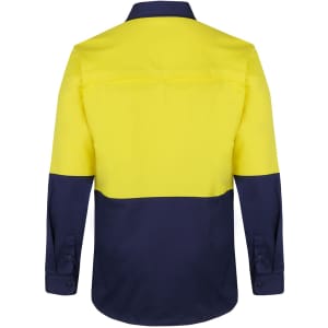 A long-sleeved work shirt in high-visibility yellow and navy blue, featuring a logo on the back.