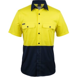 A short-sleeved work shirt featuring a bright yellow upper and navy blue lower, with two chest pockets and a logo.