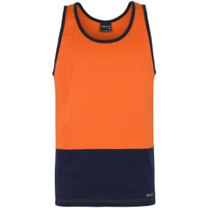 An orange and navy work singlet featuring a logo. Ideal for warm weather and active environments.