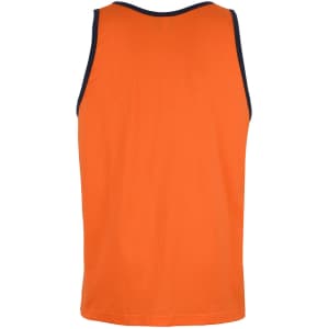 An orange singlet with a dark neckline, designed as workwear. It features a logo on the back.