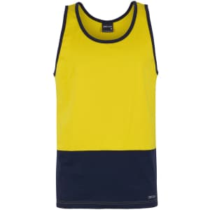 A work singlet in bright yellow with a navy blue bottom, featuring a logo on the label.