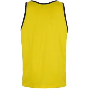 A yellow work singlet with a navy trim at the neck and armholes. Features a logo on the back.