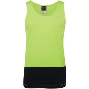A high-visibility singlet in bright lime green with a black bottom section, featuring a logo.