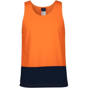 An orange and navy work singlet featuring a logo on the front, designed for workwear.
