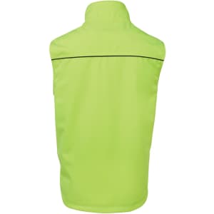 A high-visibility yellow work vest with a sleek design and a logo on the back.