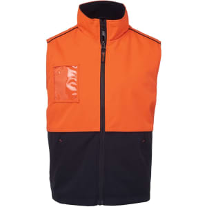 A work vest featuring an orange upper and black lower, with a zipped front and a pocket on the chest, displaying a logo.