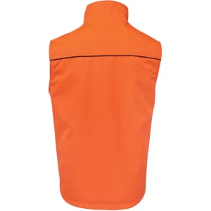 An orange work vest with a high neck and no visible front details, featuring a logo on the back.