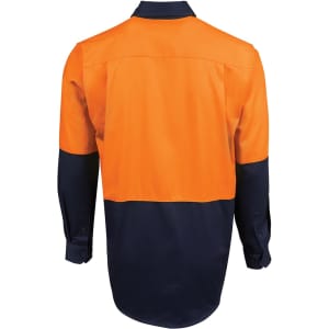 A long-sleeve work shirt featuring high-visibility orange and navy blue colours, with a collar and a logo.