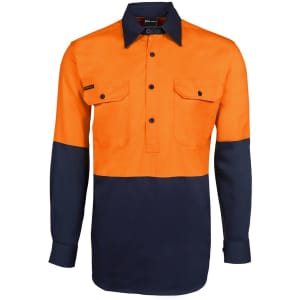 High-visibility long sleeve work shirt in orange and navy, featuring two front pockets and a branding logo.