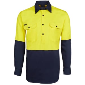 A long-sleeved work shirt featuring a high-visibility yellow upper and navy blue lower, with two front pockets and a logo.
