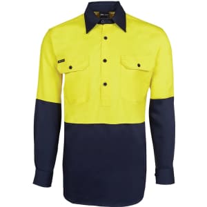 A long-sleeved work shirt in high visibility yellow with navy blue sections and two front pockets.