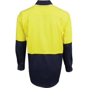 A long-sleeve shirt in high-visibility yellow and navy blue with a professional workwear design and logo.
