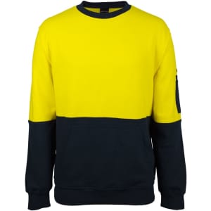 A yellow and navy crew neck fleece jumper with a front pocket and a sleeve pocket, featuring a logo.