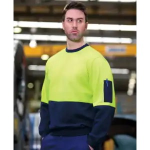 A bright yellow and navy work jumper featuring a logo, designed for workwear usage.