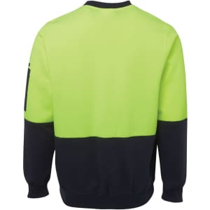 A fleece crew jumper in bright green and navy blue with a logo on the sleeve.