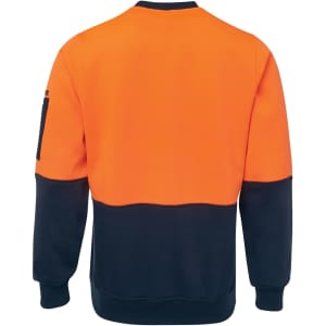 A work jumper featuring a bright orange upper section and a navy lower section, with a logo on the sleeve.