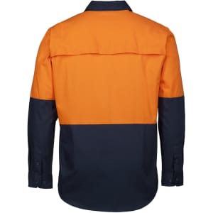 A work shirt featuring a fluorescent orange upper section and a navy blue lower section, with a back yoke design and long sleeves.