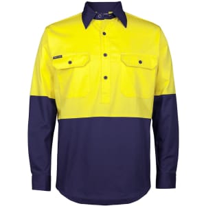 A long-sleeve work shirt featuring a yellow upper section and navy blue lower section, with two front pockets and a logo.
