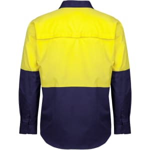A long-sleeve work shirt in fluorescent yellow and navy blue, featuring a logo on the back.
