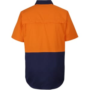 Short-sleeved work shirt in orange and navy, featuring a colour-block design with a back yoke and a logo.