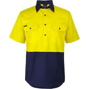 A short-sleeved work shirt in high-visibility yellow and navy, featuring a front pocket and a logo.